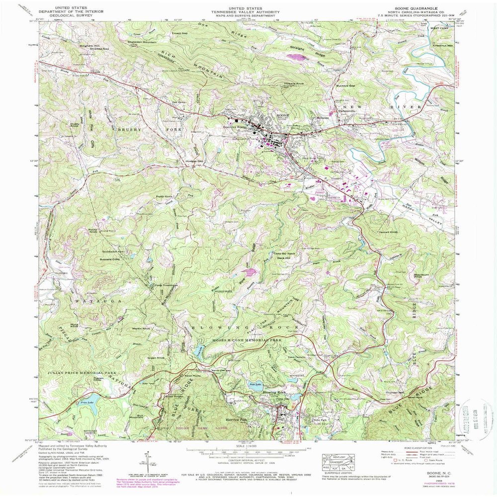 YellowMaps Boone NC topo map, 1:24000 Scale, 7.5 X 7.5 Minute, Historical, 1959, Updated 1989, 27 x 22 in - Polypropylene