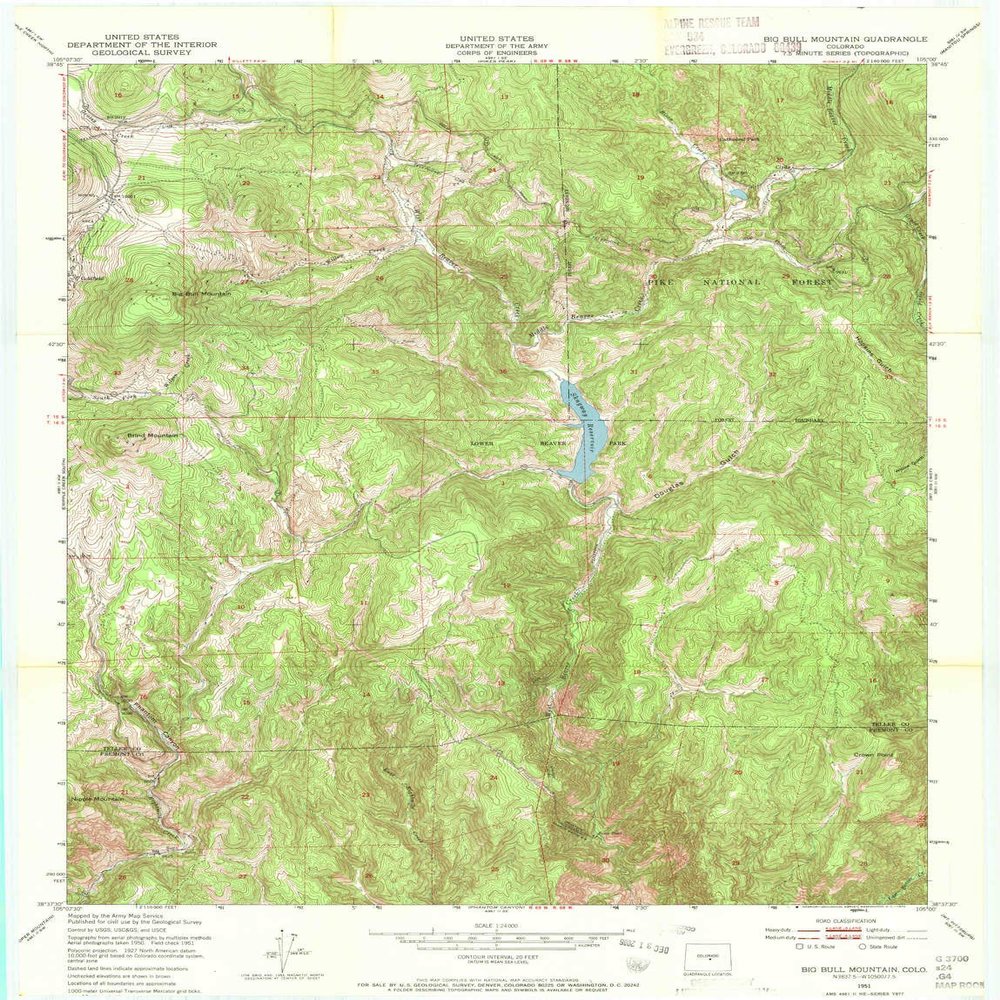 YellowMaps Big Bull Mountain CO topo map, 1:24000 Scale, 7.5 X 7.5 Minute, Historical, 1951, Updated 1970, 27.1 x 20.7 in - Tyvek