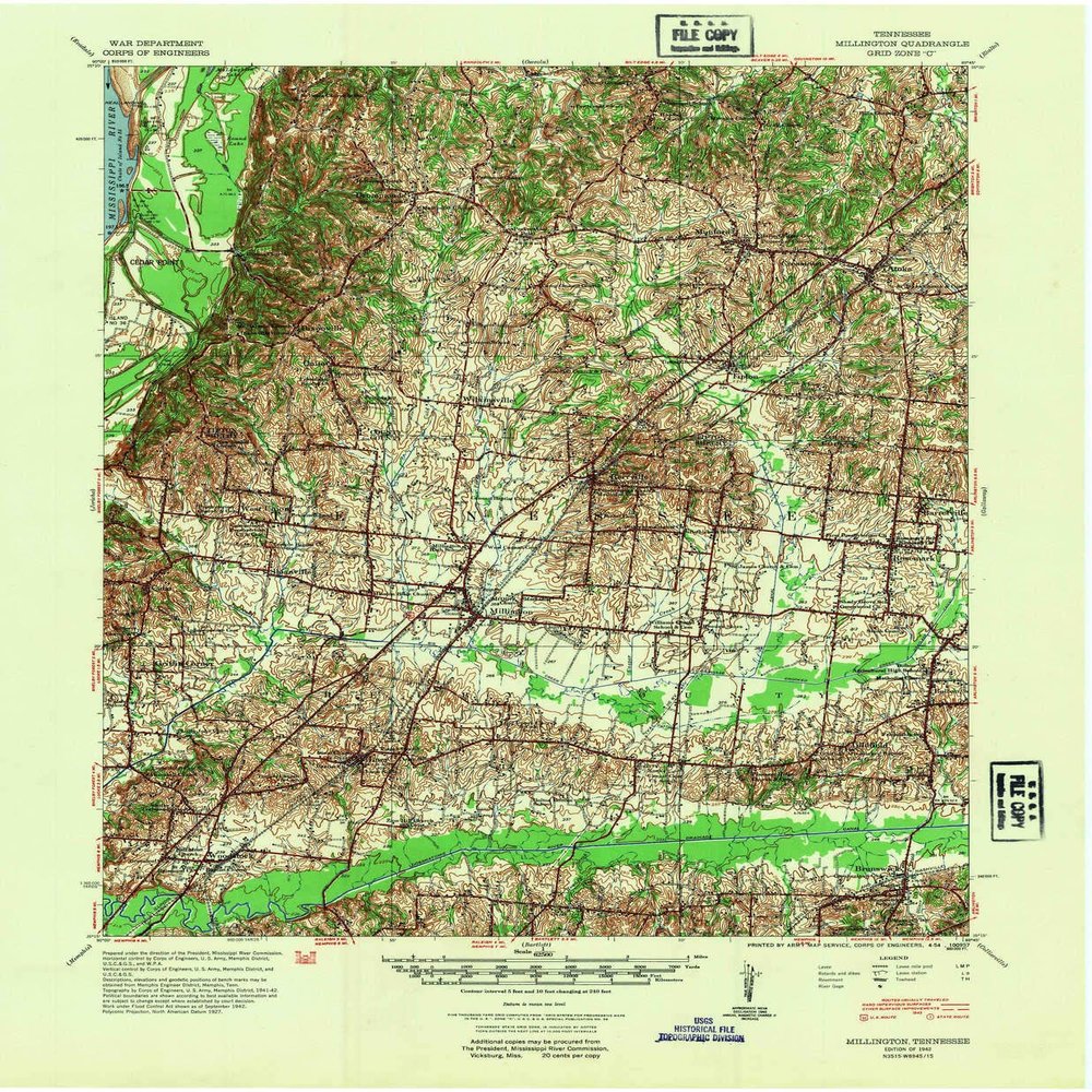 YellowMaps Millington TN topo map, 1:62500 Scale, 15 X 15 Minute, Historical, 1942, Updated 1954, 21.9 x 18.1 in - Polypropylene