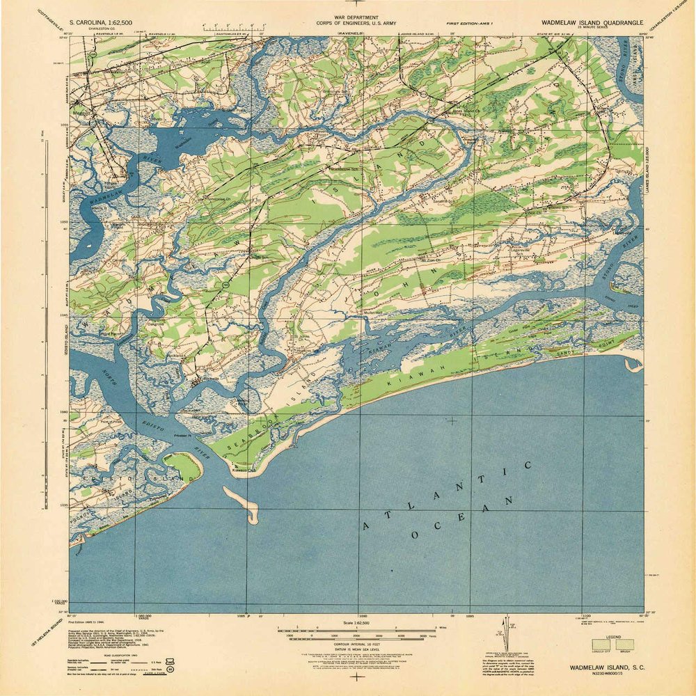 YellowMaps Wadmelaw Island SC topo map, 1:62500 Scale, 15 X 15 Minute, Historical, 1944, 21.1 x 17.9 in - Polypropylene