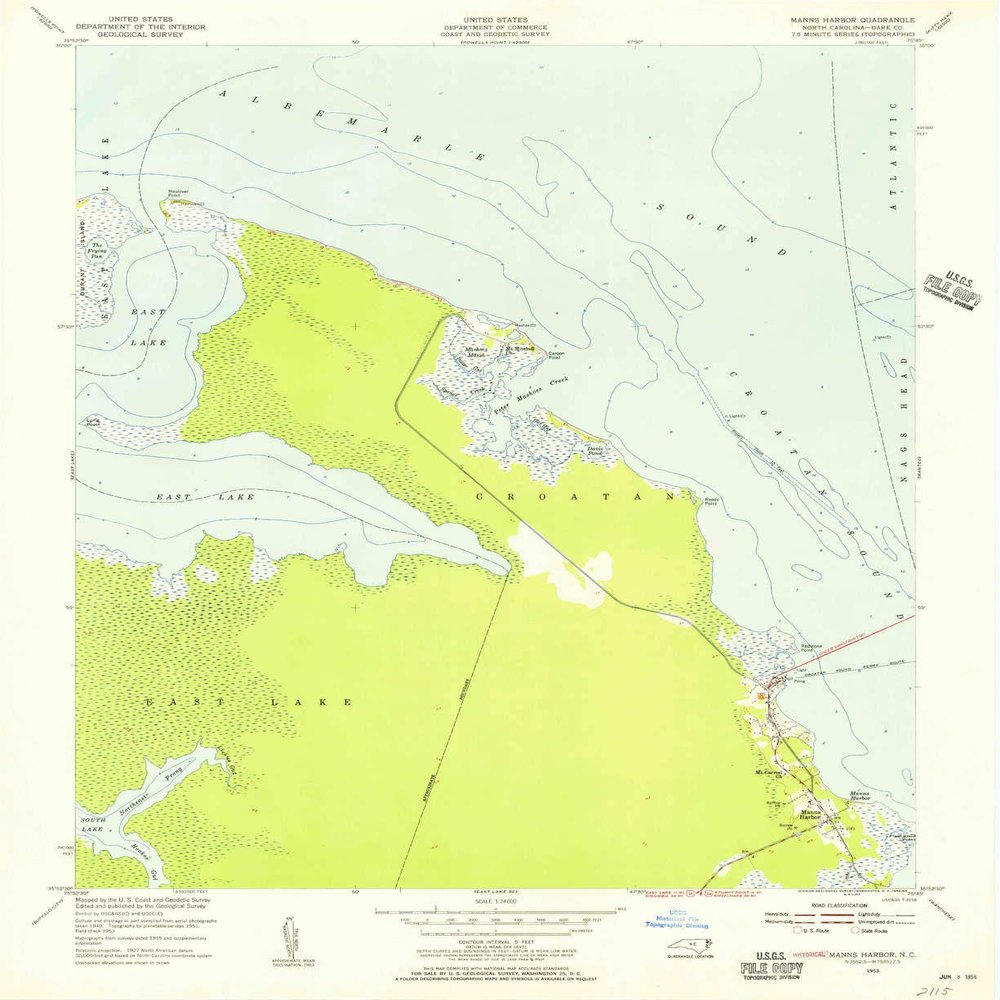 YellowMaps Manns Harbor NC topo map, 1:24000 Scale, 7.5 X 7.5 Minute, Historical, 1953, Updated 1956, 27 x 22 in - Polypropylene