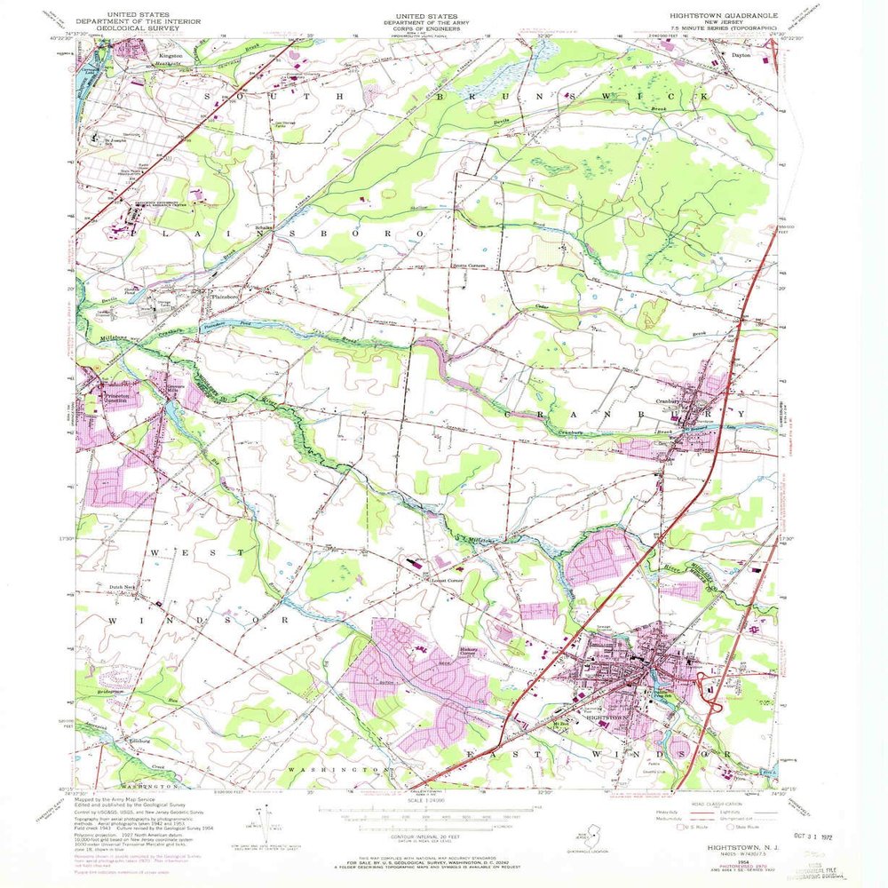 YellowMaps Hightstown NJ topo map, 1:24000 Scale, 7.5 X 7.5 Minute, Historical, 1954, Updated 1972, 27 x 22.1 in - Polypropylene