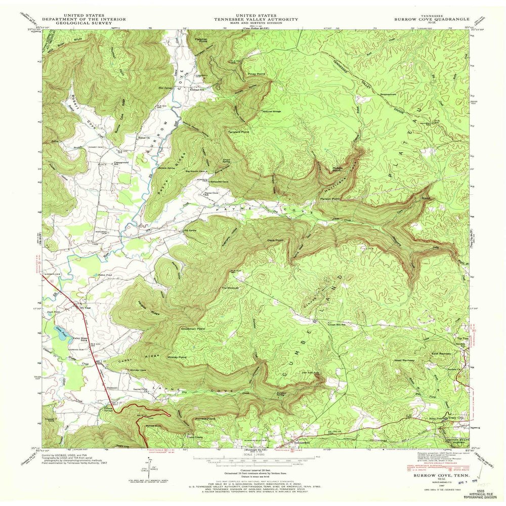 YellowMaps Burrow Cove TN topo map, 1:24000 Scale, 7.5 X 7.5 Minute, Historical, 1947, Updated 1972, 27.4 x 22.1 in - Tyvek