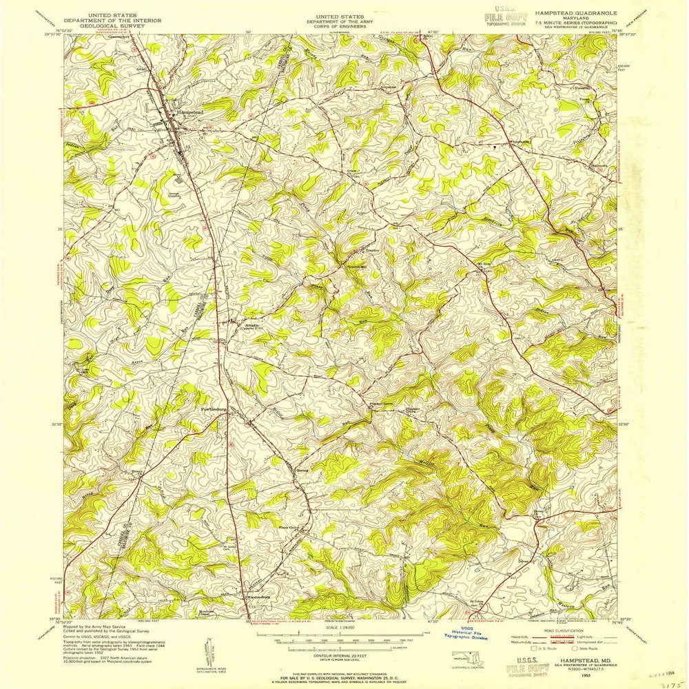 YellowMaps Hampstead MD topo map, 1:24000 Scale, 7.5 X 7.5 Minute, Historical, 1953, Updated 1954, 26.8 x 22 in - Tyvek