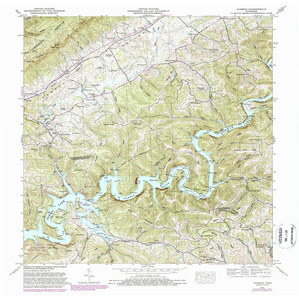 YellowMaps Ausmus TN topo map, 1:24000 Scale, 7.5 X 7.5 Minute, Historical, 1952, Updated 1988, 27.5 x 22 in - Polypropylene
