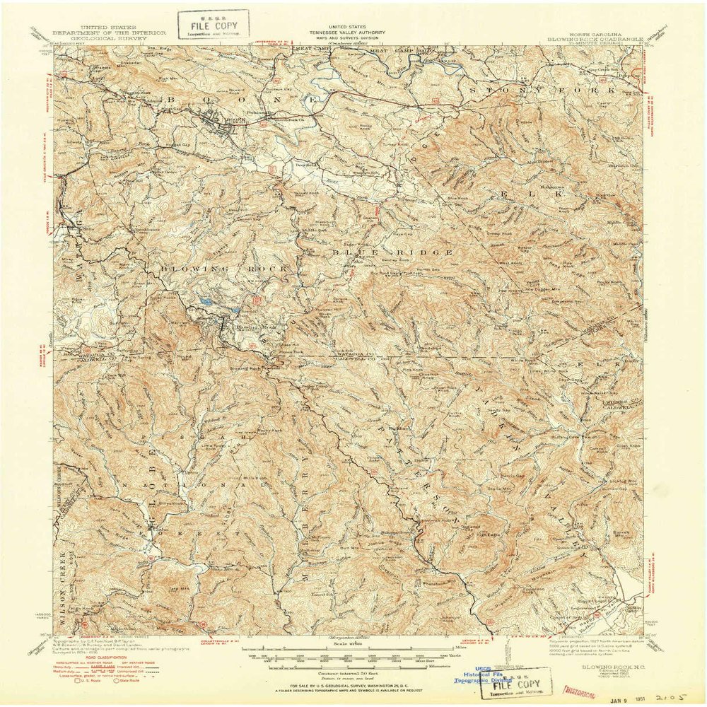 YellowMaps Blowing Rock NC topo map, 1:62500 Scale, 15 X 15 Minute, Historical, 1942, Updated 1950, 21 x 17 in - Polypropylene