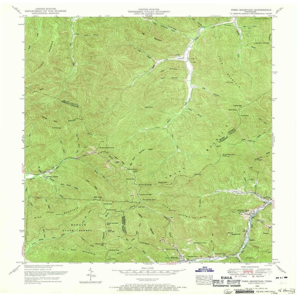 YellowMaps Fork Mountain TN topo map, 1:24000 Scale, 7.5 X 7.5 Minute, Historical, 1952, Updated 1969, 27.4 x 22.1 in - Tyvek