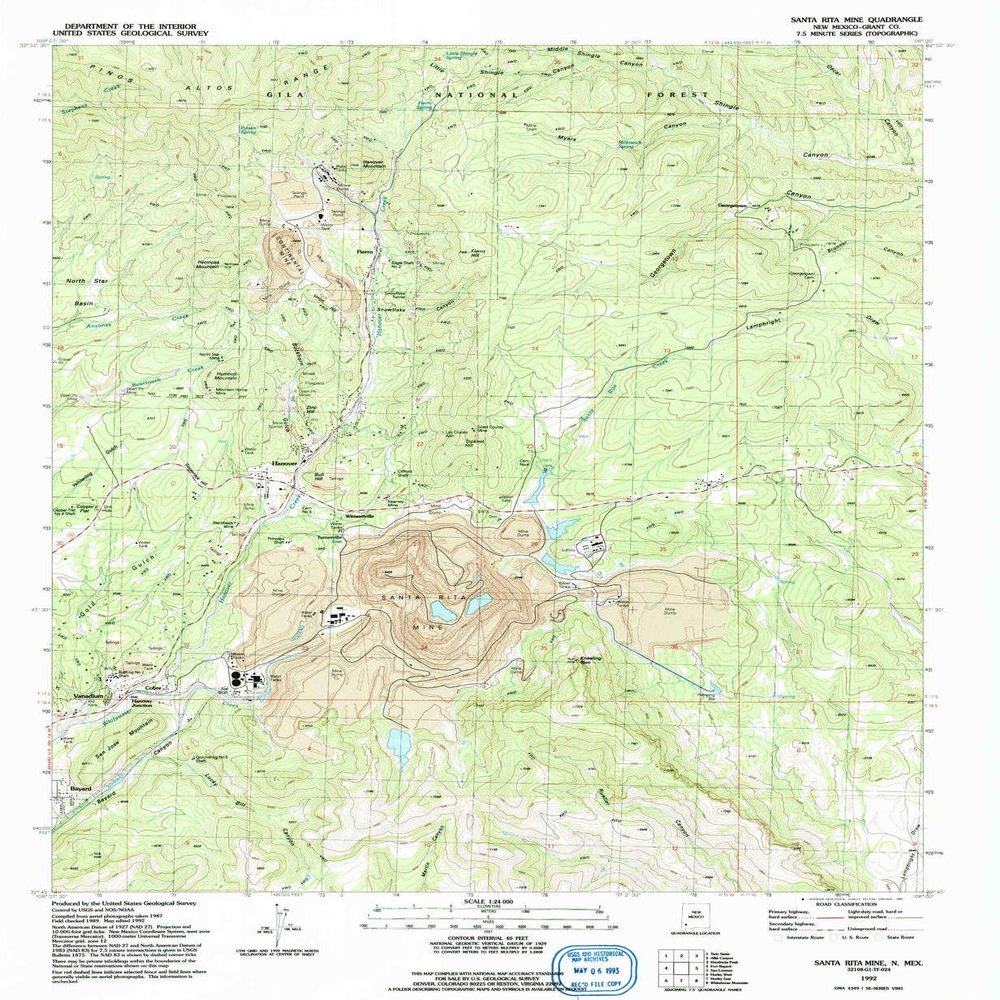 YellowMaps Santa Rita Mine NM topo map, 1:24000 Scale, 7.5 X 7.5 Minute, Historical, 1992, Updated 1992, 26.9 x 22.1 in - Polypropylene