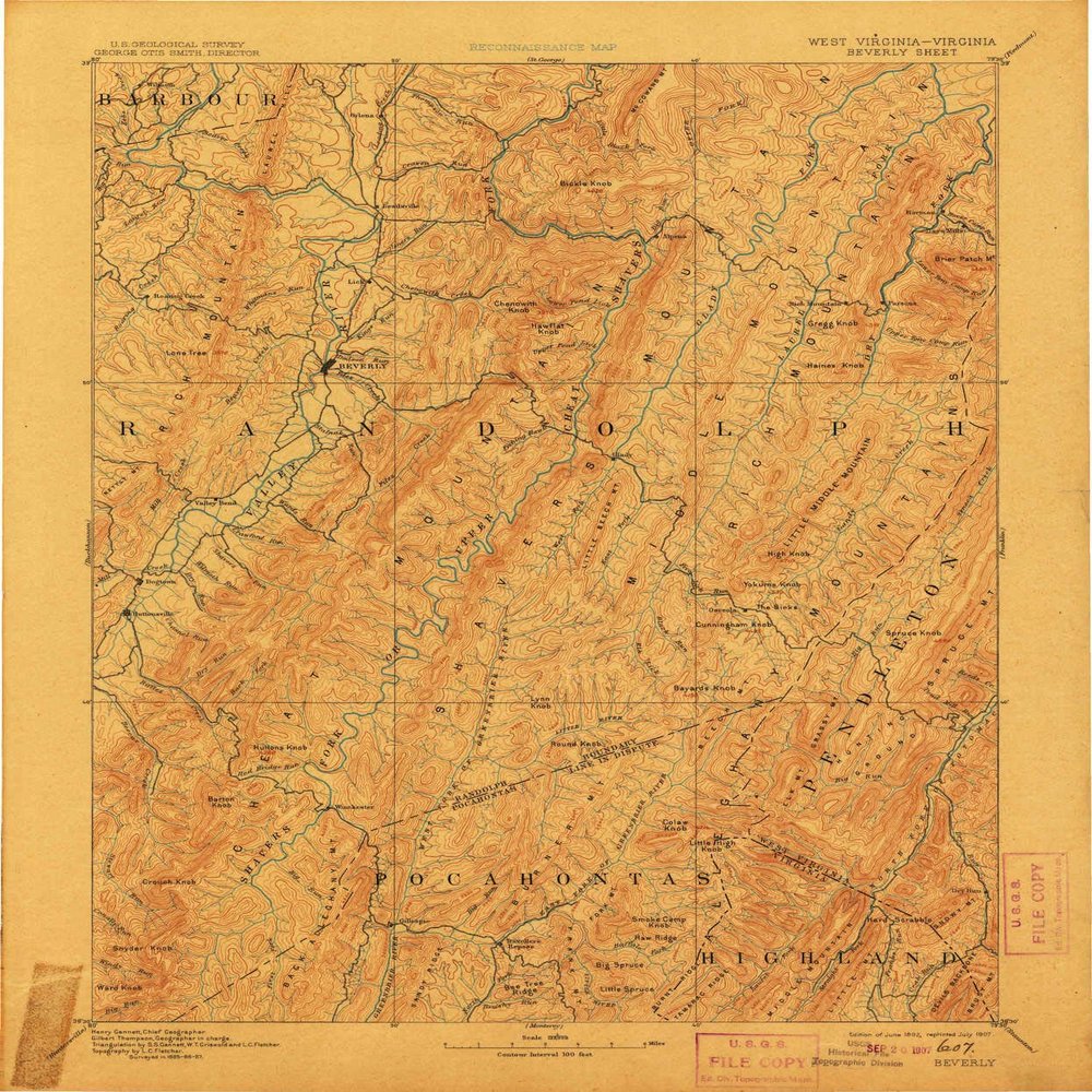 YellowMaps Beverly WV topo map, 1:125000 Scale, 30 X 30 Minute, Historical, 1892, Updated 1907, 19.9 x 16.6 in - Polypropylene
