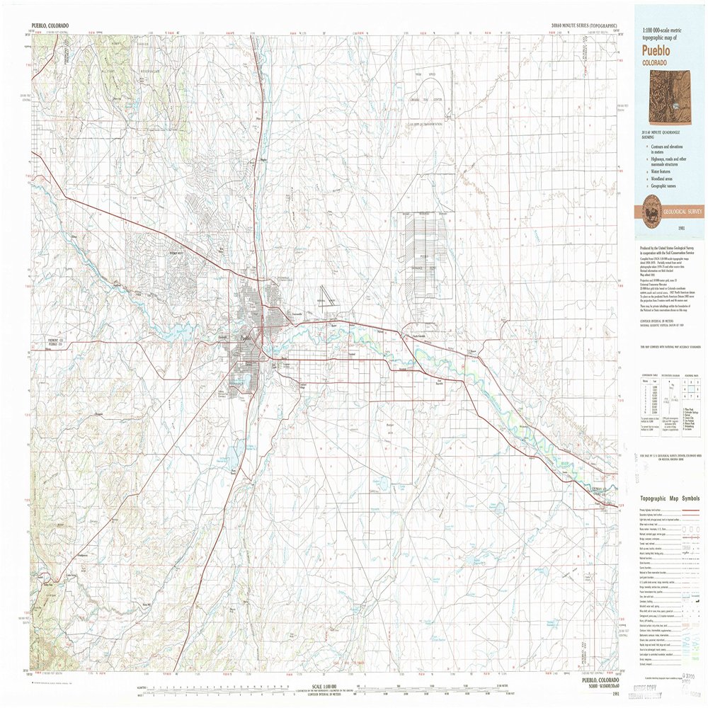 Pueblo CO topo map, 1:100000 Scale, 30 X 60 Minute, Historical, 1981, Updated 1981, 24.3 x 41.6 in - Polypropylene