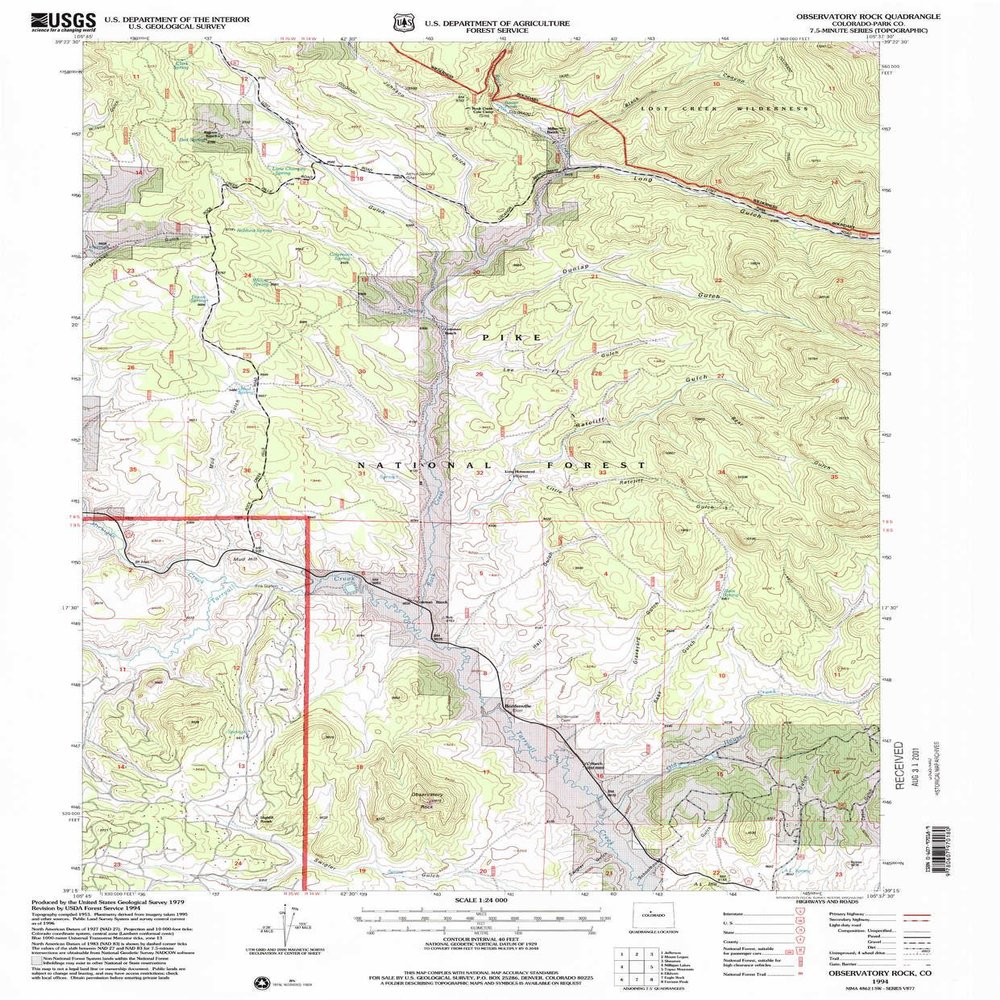 YellowMaps Observatory Rock CO topo map, 1:24000 Scale, 7.5 X 7.5 Minute, Historical, 1994, Updated 2001, 26.7 x 22.1 in - Polypropylene