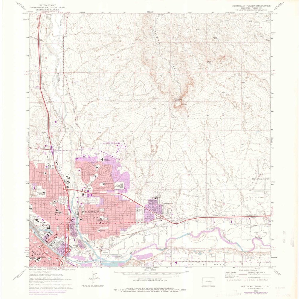Northeast Pueblo CO topo map, 1:24000 Scale, 7.5 X 7.5 Minute, Historical, 1961, Updated 1976, 26.9 x 22.2 in - Polypropylene