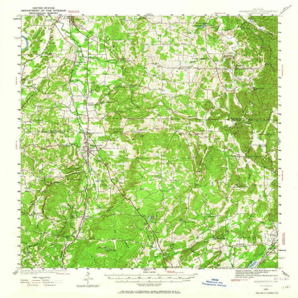 YellowMaps Adairsville GA topo map, 1:62500 Scale, 15 X 15 Minute, Historical, 1941, Updated 1964, 20.7 x 16.8 in - Polypropylene