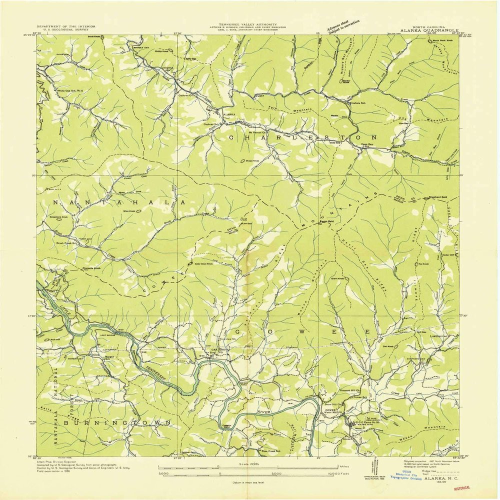 YellowMaps Alarka NC topo map, 1:24000 Scale, 7.5 X 7.5 Minute, Historical, 1936, 27 x 22.1 in - Tyvek