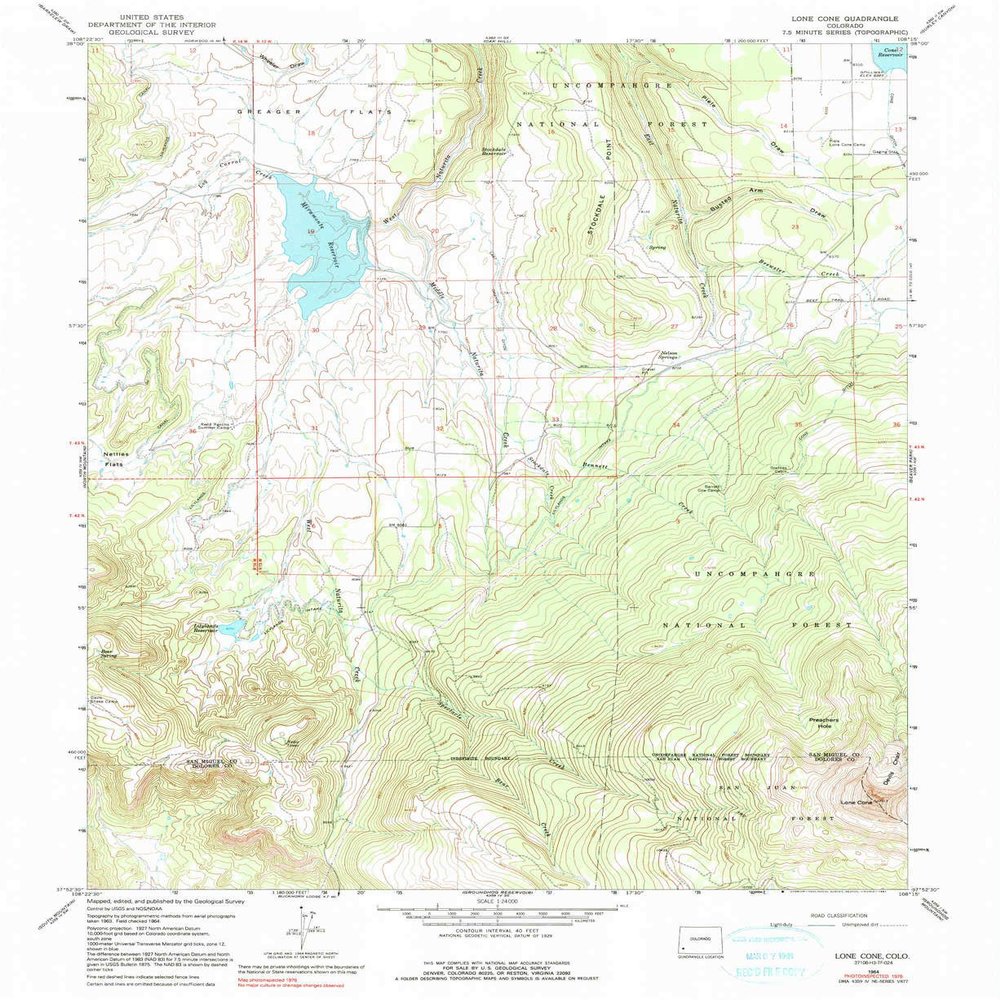 YellowMaps Lone Cone CO topo map, 1:24000 Scale, 7.5 X 7.5 Minute, Historical, 1964, Updated 1991, 26.9 x 22 in - Tyvek