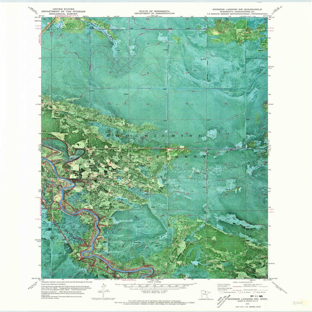 YellowMaps Johnson Landing NW MN topo map, 1:24000 Scale, 7.5 X 7.5 Minute, Historical, 1971, Updated 1973, 27.2 x 21 in - Polypropylene