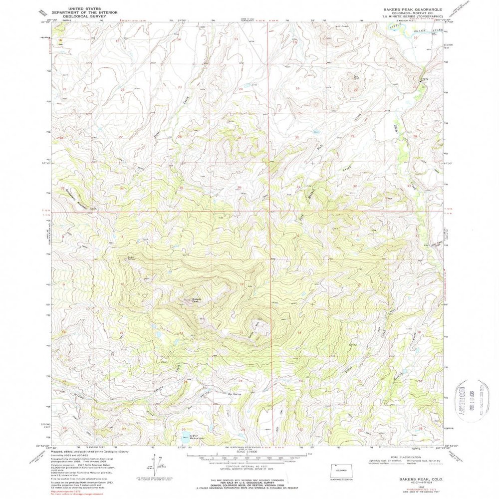 YellowMaps Bakers Peak CO topo map, 1:24000 Scale, 7.5 X 7.5 Minute, Historical, 1969, Updated 1988, 26.8 x 22 in - Polypropylene