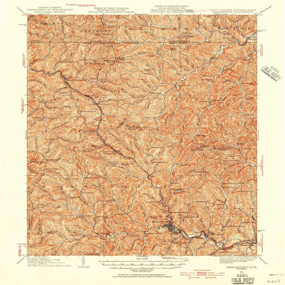 YellowMaps Mannington WV topo map, 1:62500 Scale, 15 X 15 Minute, Historical, 1923, Updated 1956, 20.7 x 16.8 in - Polypropylene