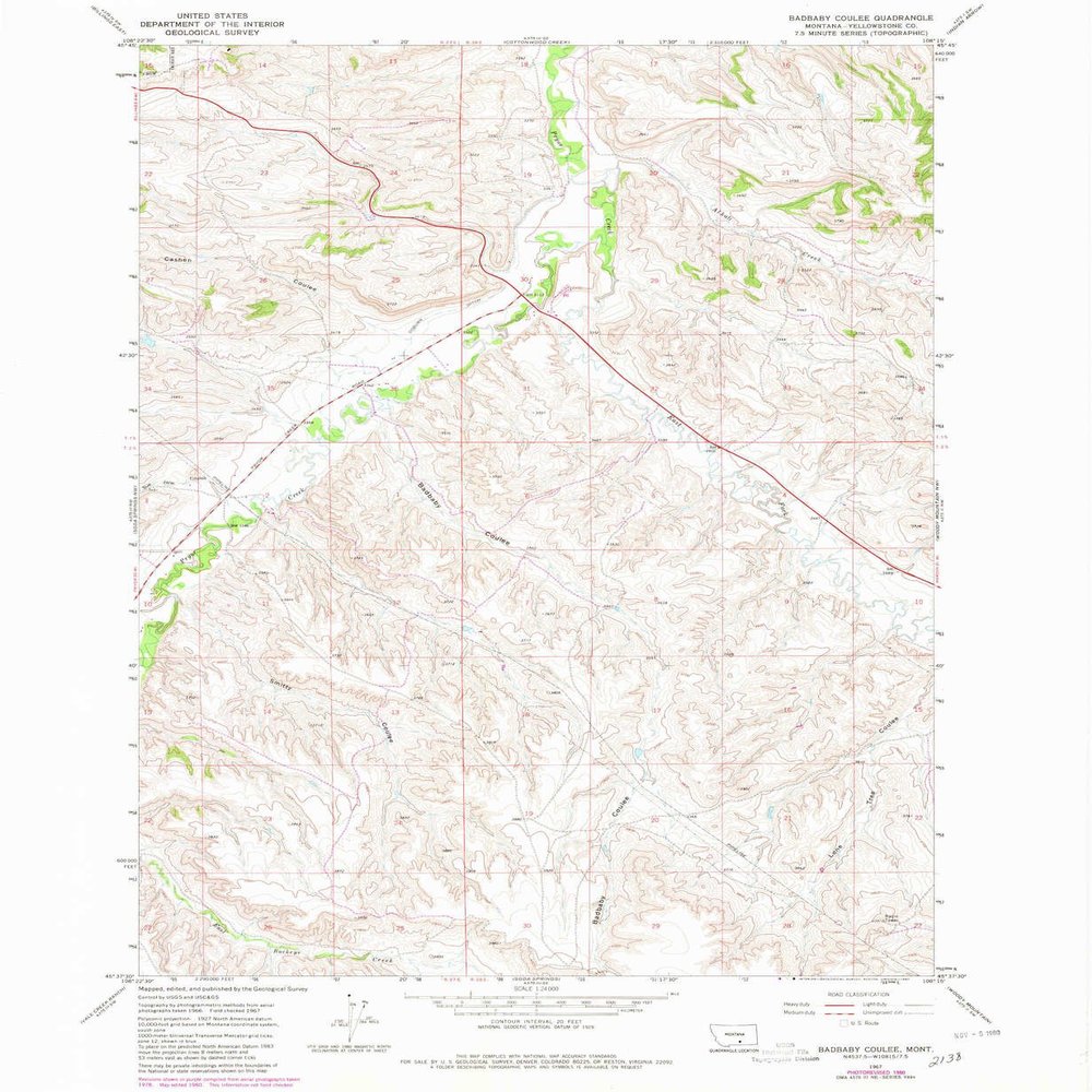 YellowMaps Badbaby Coulee MT topo map, 1:24000 Scale, 7.5 X 7.5 Minute, Historical, 1967, Updated 1980, 26.7 x 22 in - Polypropylene
