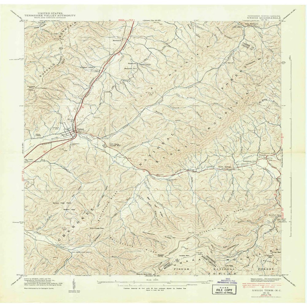 YellowMaps Unicoi TN topo map, 1:24000 Scale, 7.5 X 7.5 Minute, Historical, 1939, 27.5 x 22 in - Polypropylene