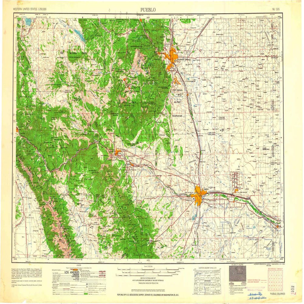 Pueblo CO topo map, 1:250000 Scale, 1 X 2 Degree, Historical, 1962, 22.2 x 31.6 in - Polypropylene