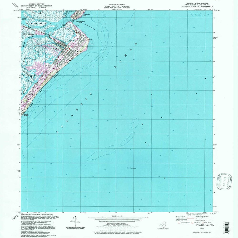 YellowMaps Avalon NJ topo map, 1:24000 Scale, 7.5 X 7.5 Minute, Historical, 1994, Updated 1998, 26.8 x 21.9 in - Tyvek