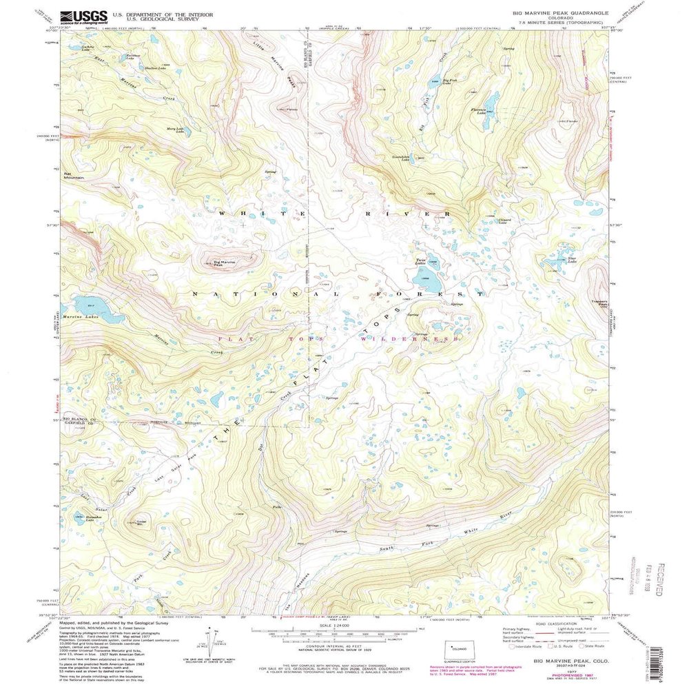 YellowMaps Big Marvine Peak CO topo map, 1:24000 Scale, 7.5 X 7.5 Minute, Historical, 1977, Updated 1988, 26.7 x 21.9 in - Tyvek