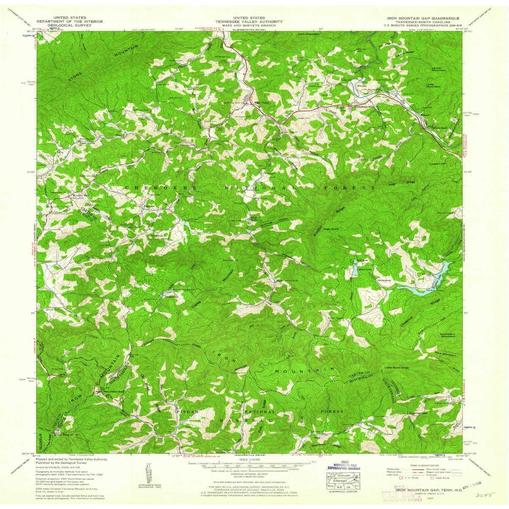 YellowMaps Iron Mountain Gap TN topo map, 1:24000 Scale, 7.5 X 7.5 Minute, Historical, 1960, Updated 1962, 27.3 x 22 in - Tyvek