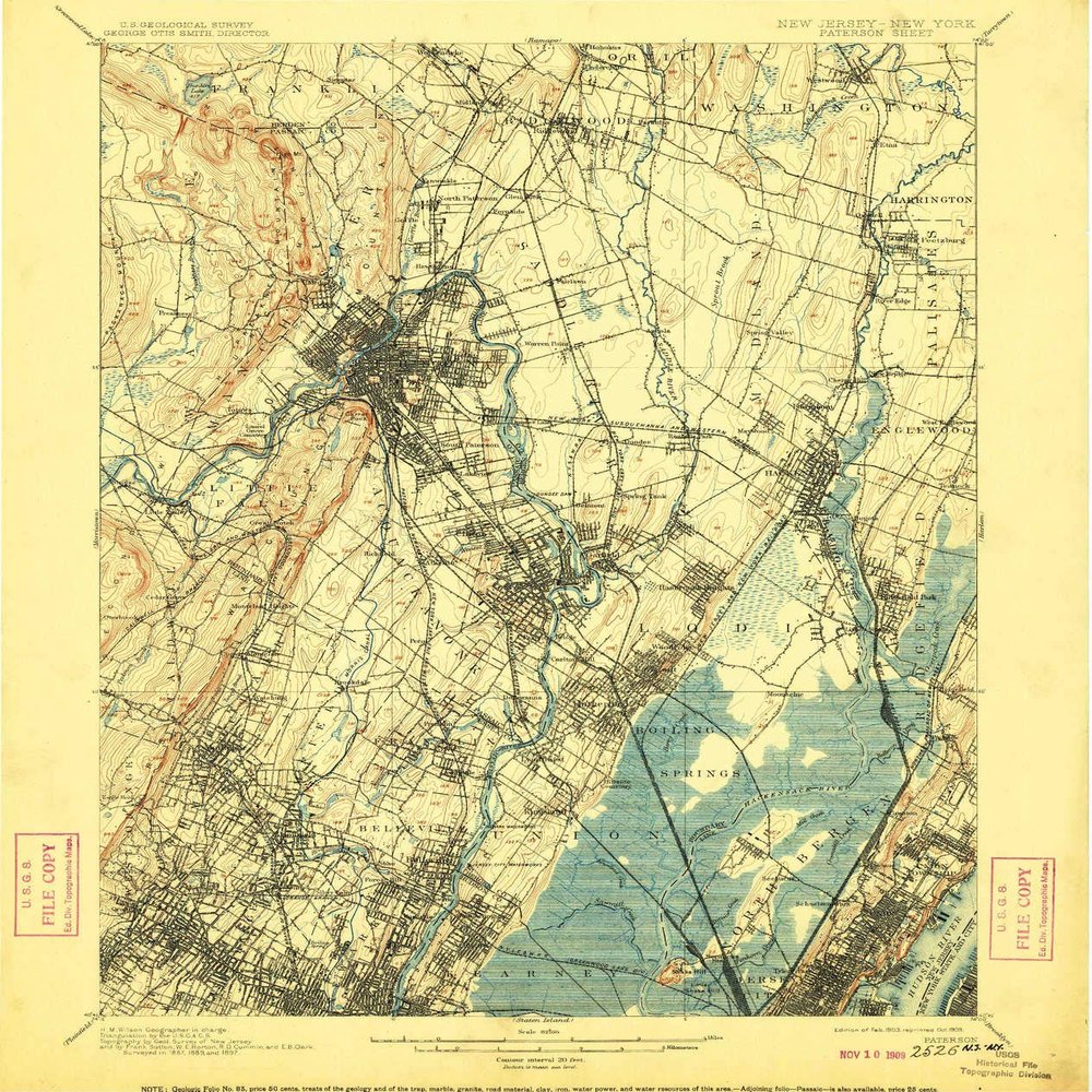 YellowMaps Paterson NJ topo map, 1:62500 Scale, 15 X 15 Minute, Historical, 1903, Updated 1909, 19.7 x 16.6 in - Polypropylene