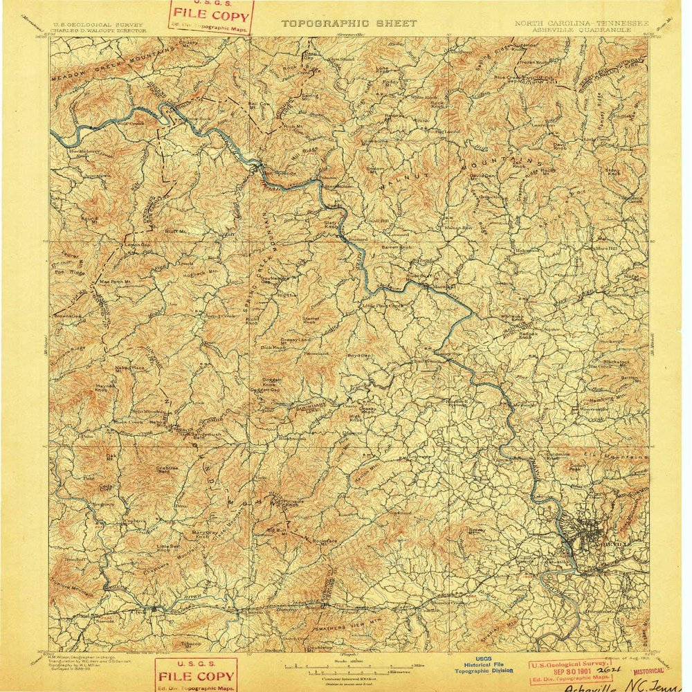 YellowMaps Asheville NC topo map, 1:125000 Scale, 30 X 30 Minute, Historical, 1901, 19.7 x 16.4 in - Tyvek