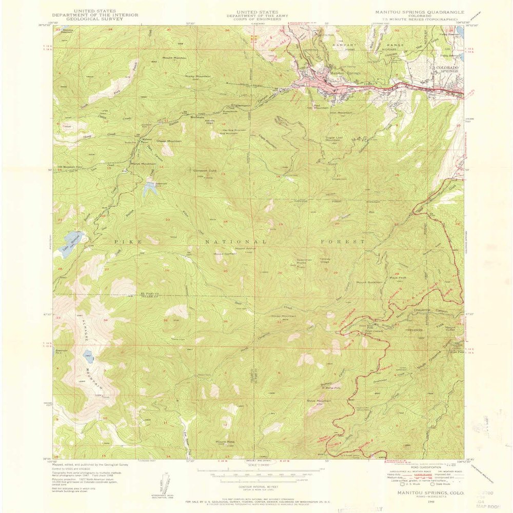 YellowMaps Manitou Springs CO topo map, 1:24000 Scale, 7.5 X 7.5 Minute, Historical, 1948, Updated 1956, 26.9 x 22.2 in - Tyvek