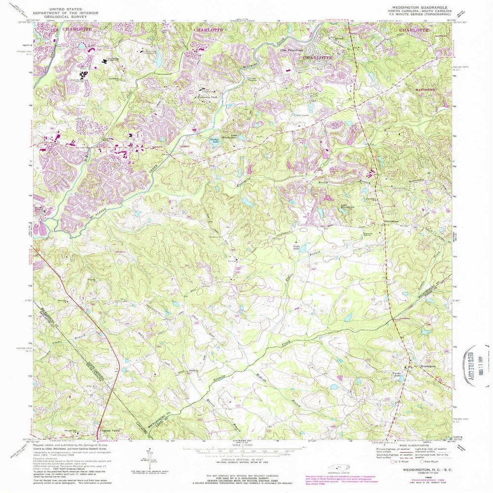 YellowMaps Weddington NC topo map, 1:24000 Scale, 7.5 X 7.5 Minute, Historical, 1968, Updated 1989, 26.9 x 22 in - Polypropylene