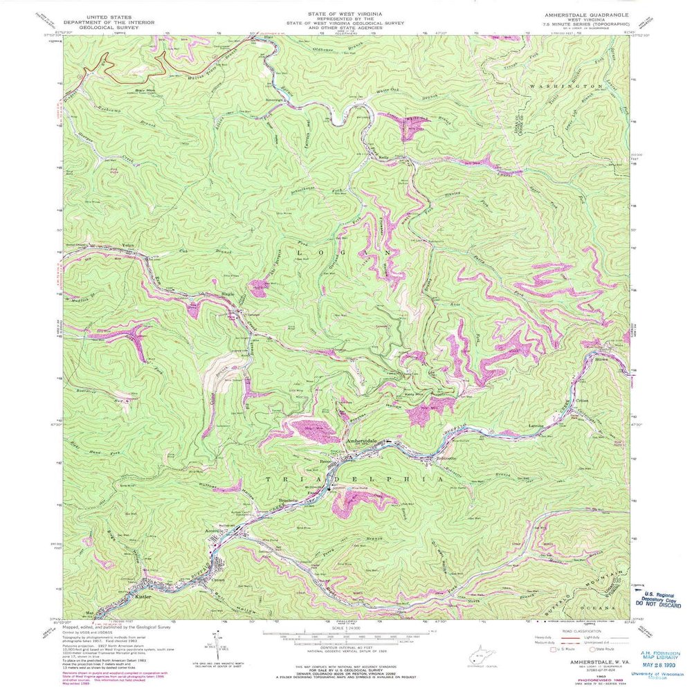 YellowMaps Amherstdale WV topo map, 1:24000 Scale, 7.5 X 7.5 Minute, Historical, 1963, Updated 1989, 27 x 22 in - Polypropylene