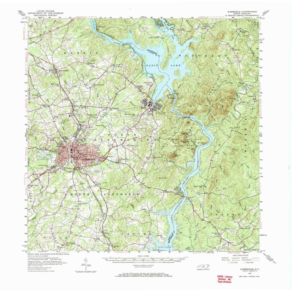 YellowMaps Albemarle NC topo map, 1:62500 Scale, 15 X 15 Minute, Historical, 1957, Updated 1966, 22 x 18.1 in - Polypropylene