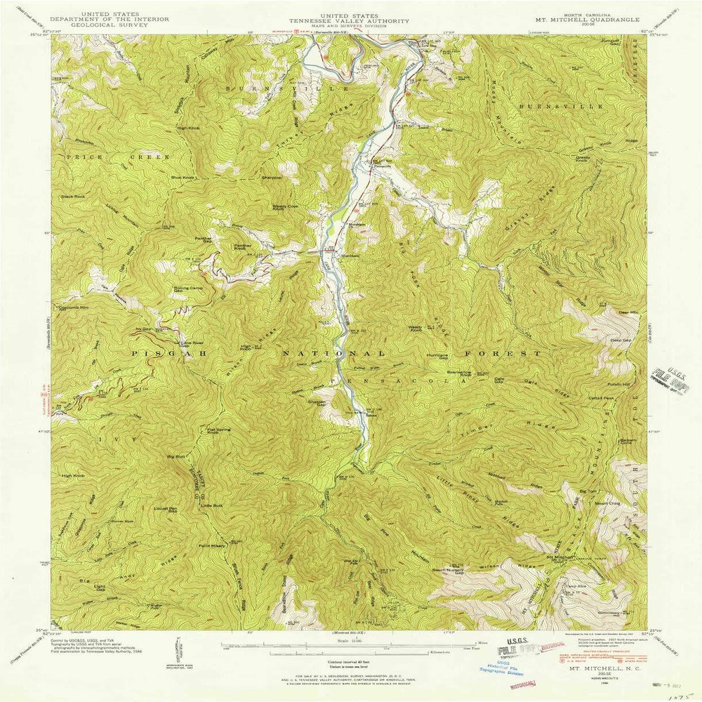 YellowMaps Mt Mitchell NC topo map, 1:24000 Scale, 7.5 X 7.5 Minute, Historical, 1946, Updated 1957, 26.8 x 21.8 in - Polypropylene