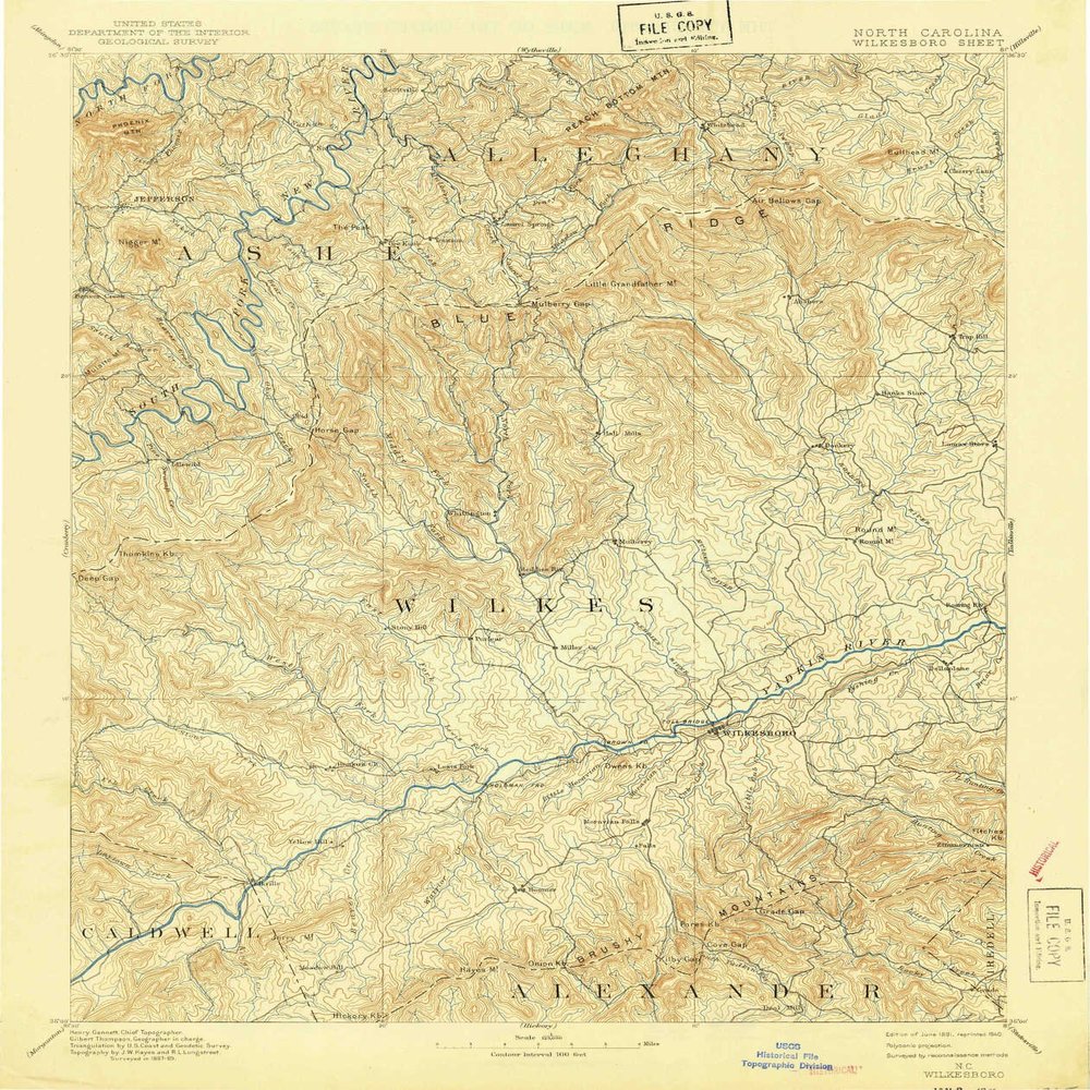 YellowMaps Wilkesboro NC topo map, 1:125000 Scale, 30 X 30 Minute, Historical, 1891, Updated 1940, 19.7 x 16.5 in - Polypropylene