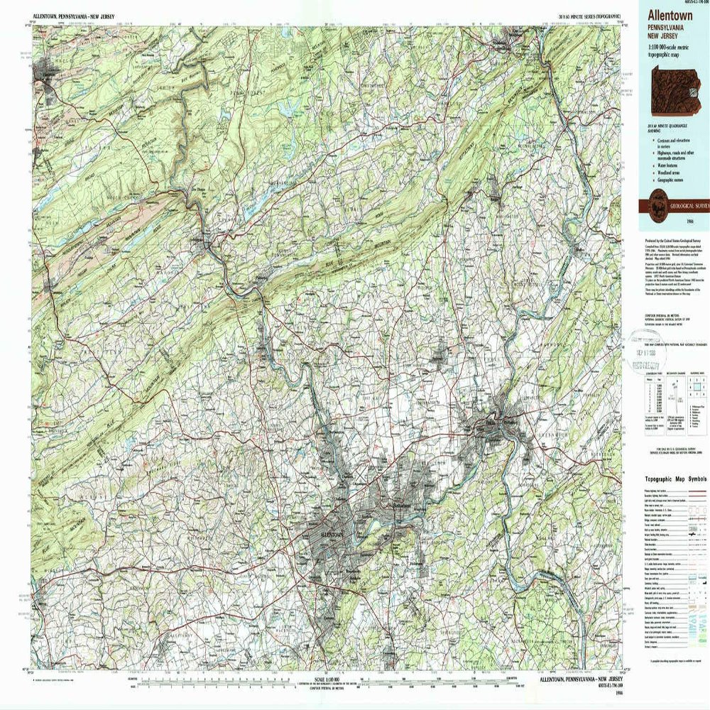 YellowMaps Allentown PA topo map, 1:100000 Scale, 30 X 60 Minute, Historical, 1984, Updated 1988, 24.1 x 40.1 in - Tyvek