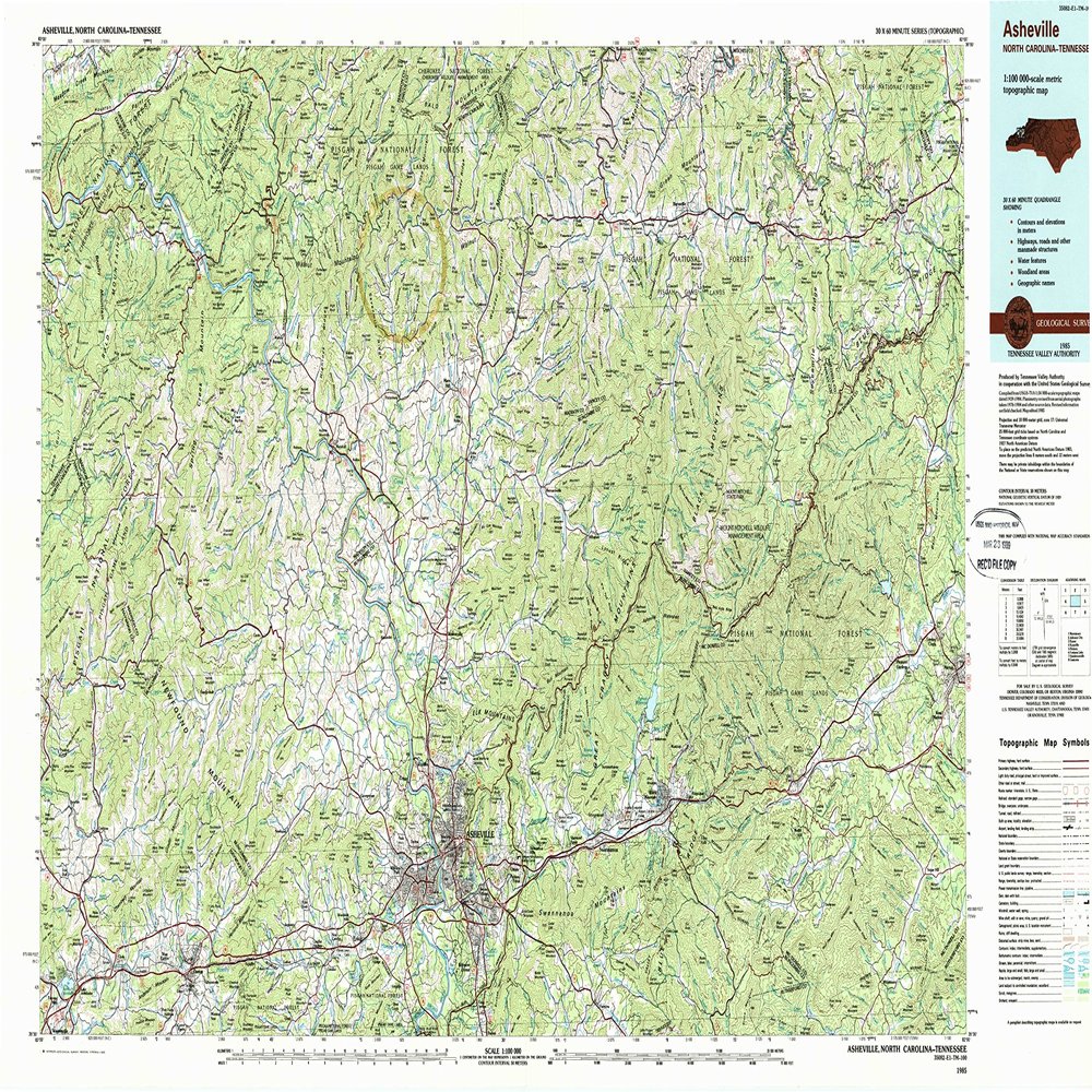 YellowMaps Asheville NC topo map, 1:100000 Scale, 30 X 60 Minute, Historical, 1985, Updated 1985, 24.1 x 42.1 in - Polypropylene