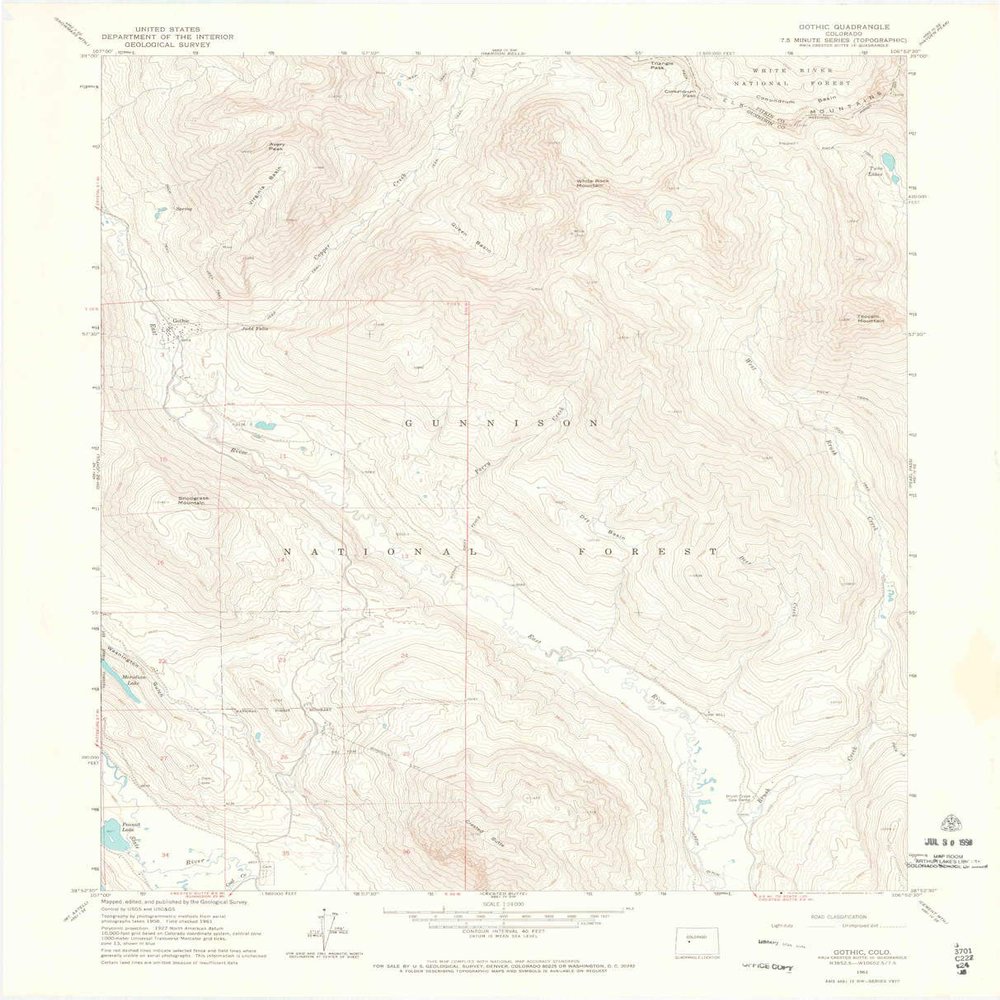 YellowMaps Gothic CO topo map, 1:24000 Scale, 7.5 X 7.5 Minute, Historical, 1961, Updated 1967, 27.3 x 22.1 in - Polypropylene