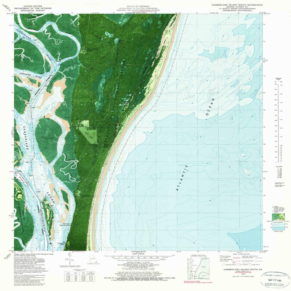 YellowMaps Cumberland Island South GA topo map, 1:24000 Scale, 7.5 X 7.5 Minute, Historical, 1979, Updated 1981, 27.9 x 23 in - Tyvek