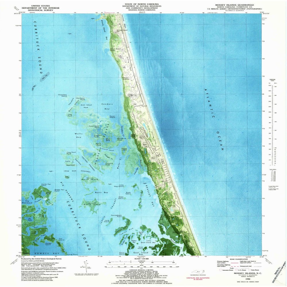 YellowMaps Mossey Islands NC topo map, 1:24000 Scale, 7.5 X 7.5 Minute, Historical, 1982, Updated 1983, 26.9 x 21.9 in - Polypropylene
