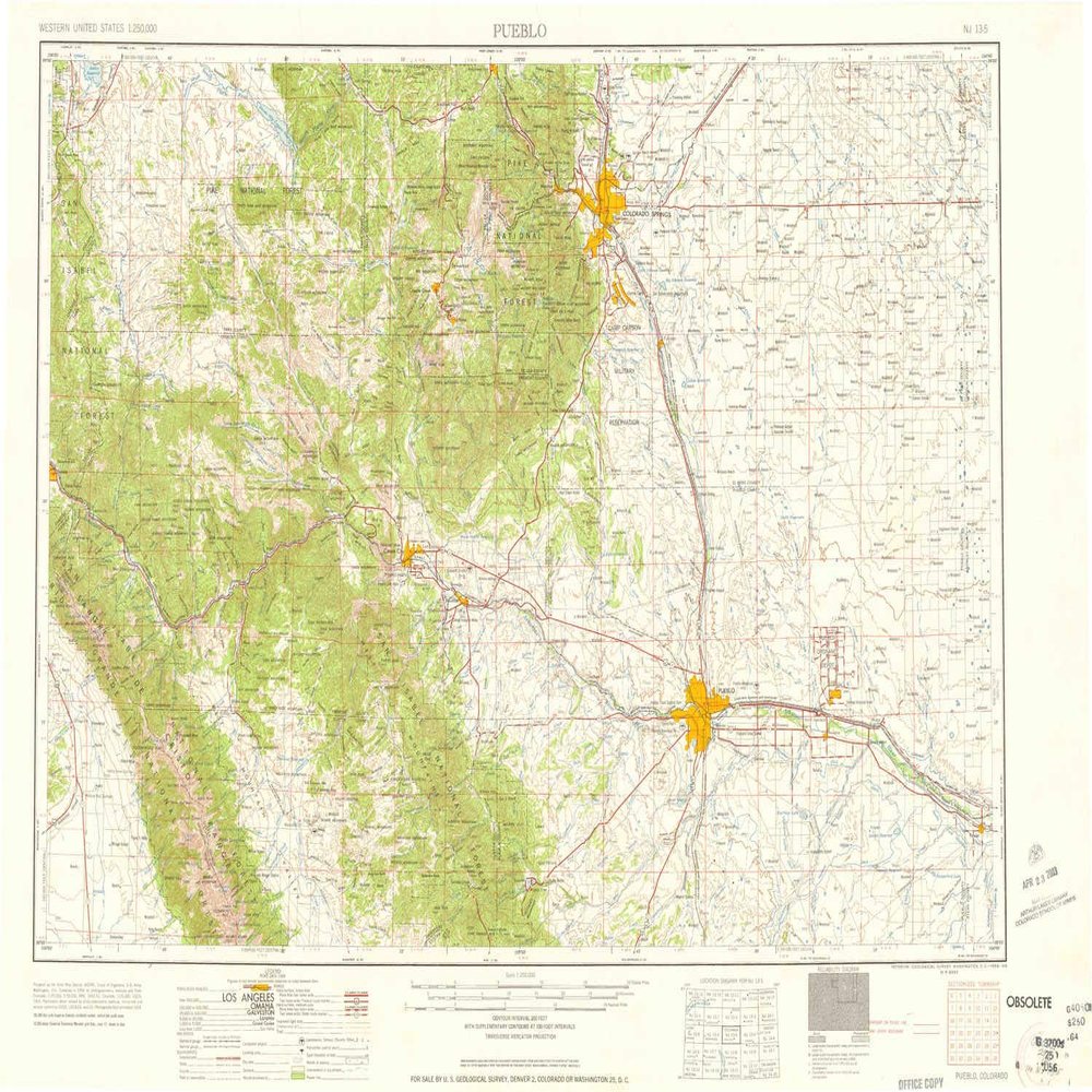Pueblo CO topo map, 1:250000 Scale, 1 X 2 Degree, Historical, 1958, 21.6 x 31.9 in - Polypropylene
