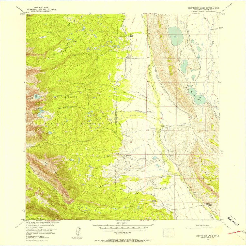 YellowMaps Boettcher Lake CO topo map, 1:24000 Scale, 7.5 X 7.5 Minute, Historical, 1956, Updated 1957, 27.2 x 22 in - Polypropylene