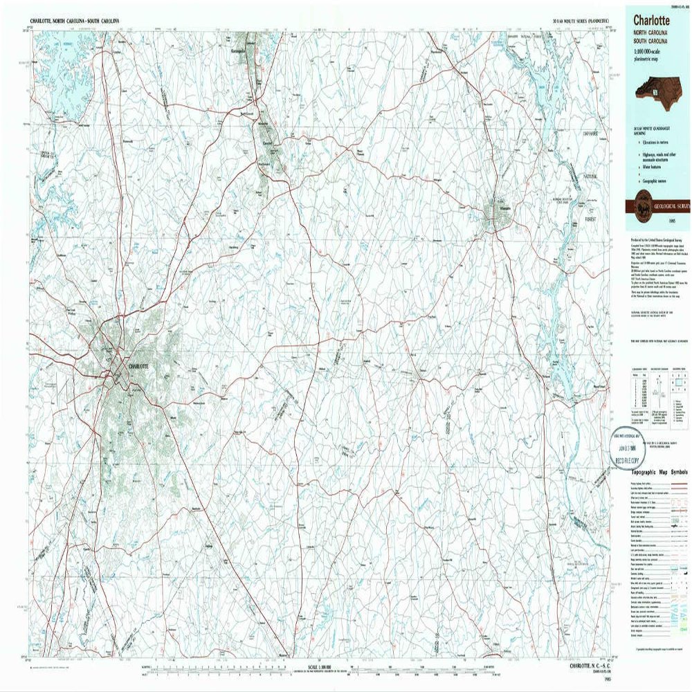 YellowMaps Charlotte NC topo map, 1:100000 Scale, 30 X 60 Minute, Historical, 1985, Updated 1986, 24.1 x 42.7 in - Polypropylene