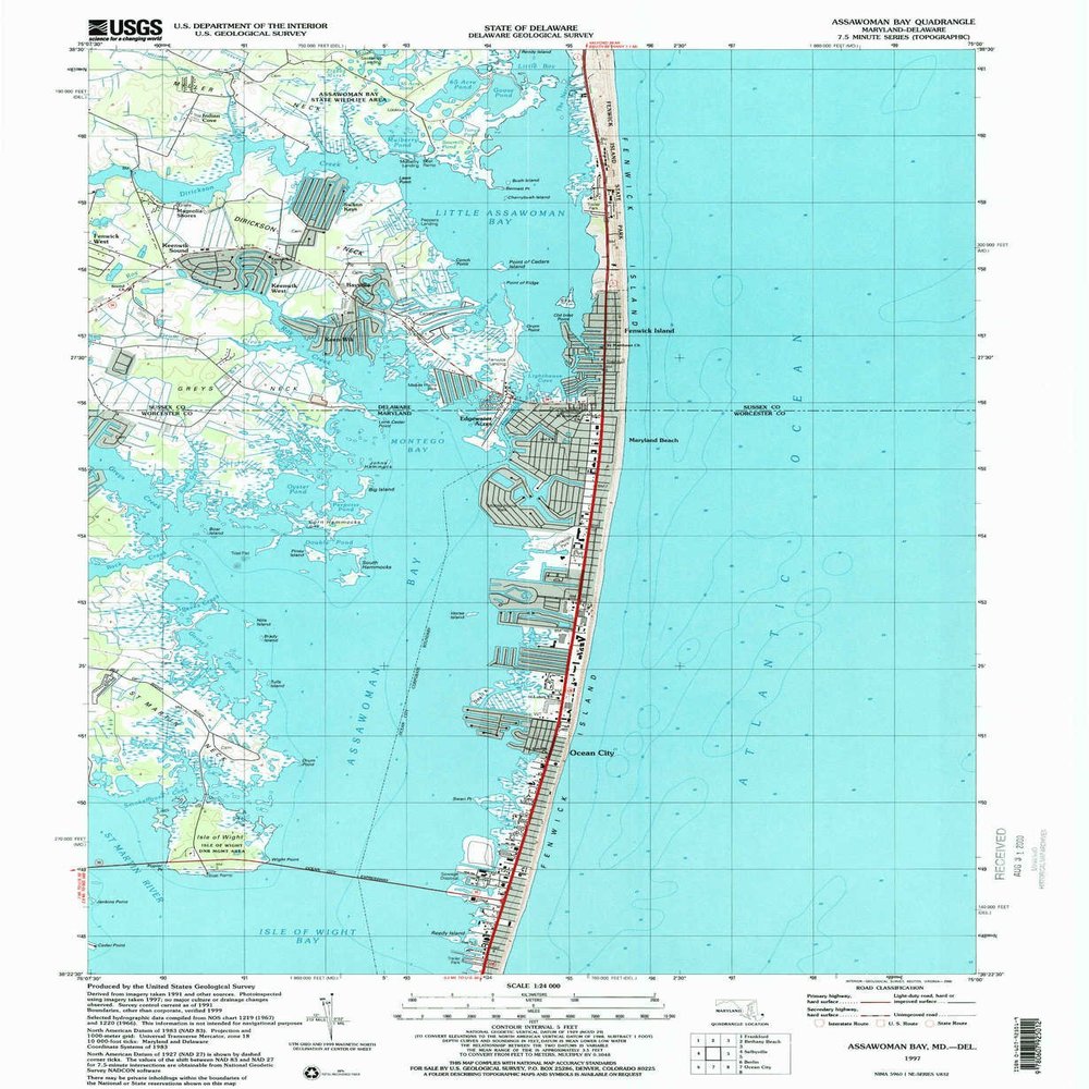 YellowMaps Assawoman Bay MD topo map, 1:24000 Scale, 7.5 X 7.5 Minute, Historical, 1997, Updated 2000, 26.8 x 22 in - Polypropylene