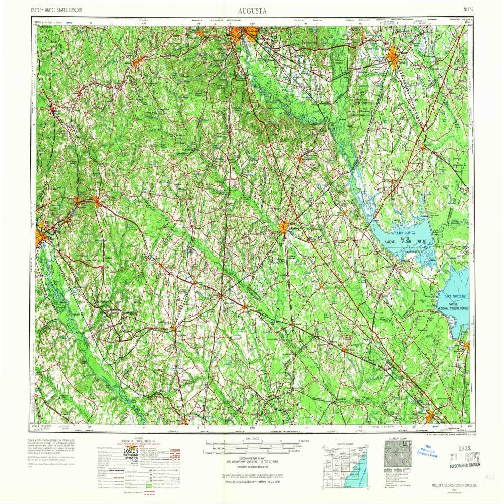 YellowMaps Augusta GA topo map, 1:250000 Scale, 1 X 2 Degree, Historical, 1957, Updated 1966, 22.1 x 34.1 in - Tyvek