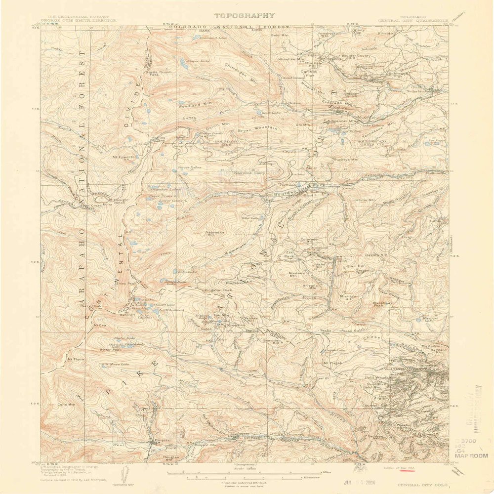YellowMaps Central City CO topo map, 1:62500 Scale, 15 X 15 Minute, Historical, 1912, 19.8 x 16.3 in - Polypropylene