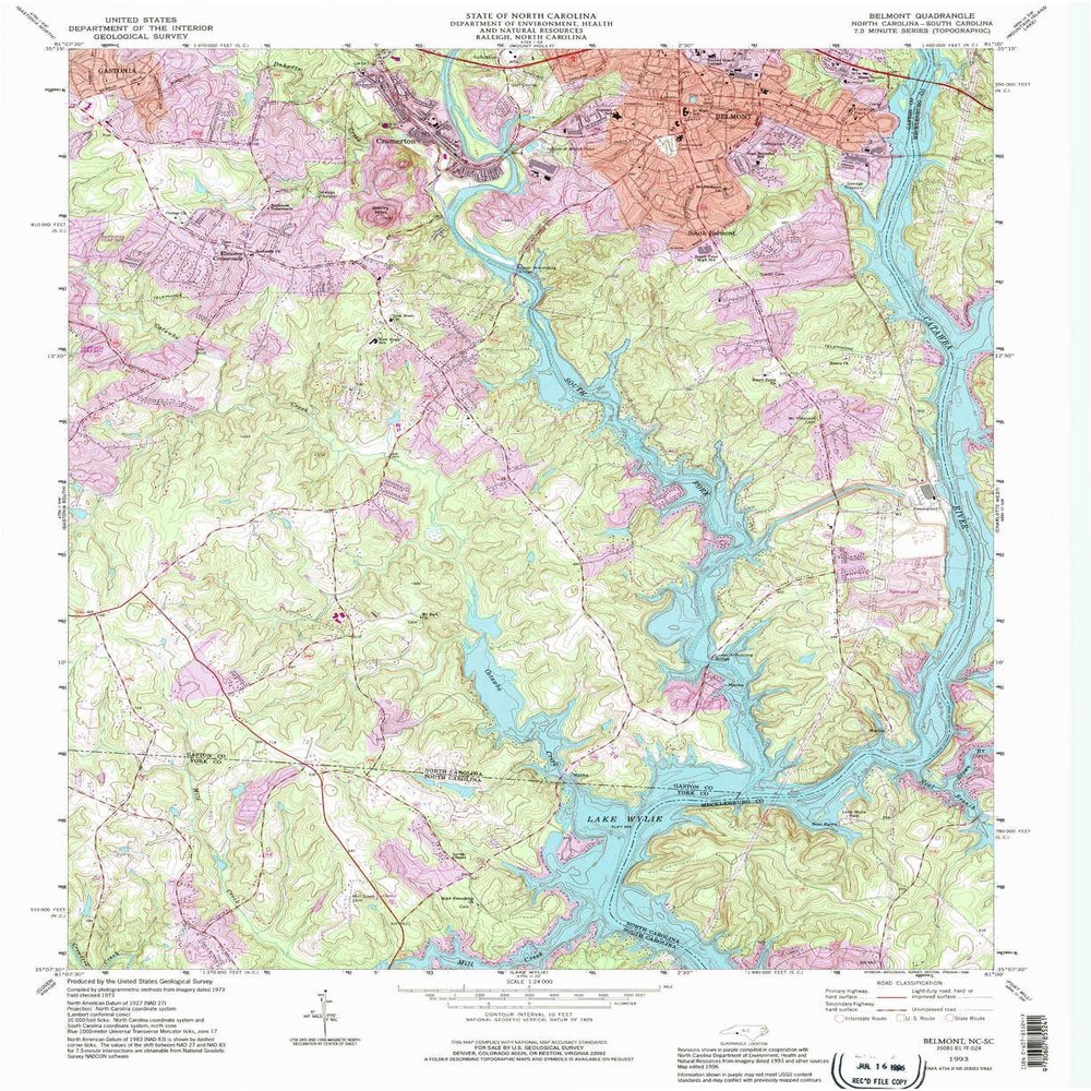 YellowMaps Belmont NC topo map, 1:24000 Scale, 7.5 X 7.5 Minute, Historical, 1993, Updated 1996, 26.9 x 22 in - Polypropylene