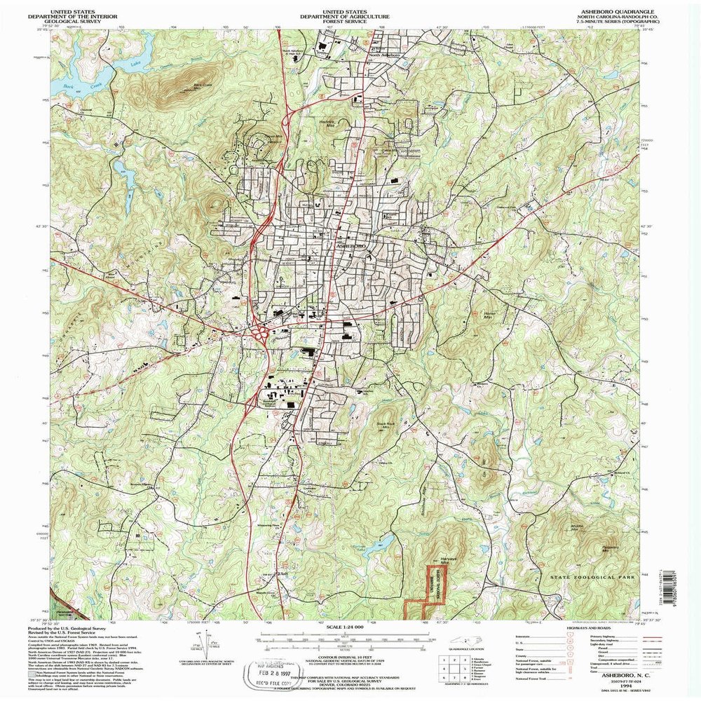 YellowMaps Asheboro NC topo map, 1:24000 Scale, 7.5 X 7.5 Minute, Historical, 1994, Updated 1996, 26.9 x 22 in - Polypropylene