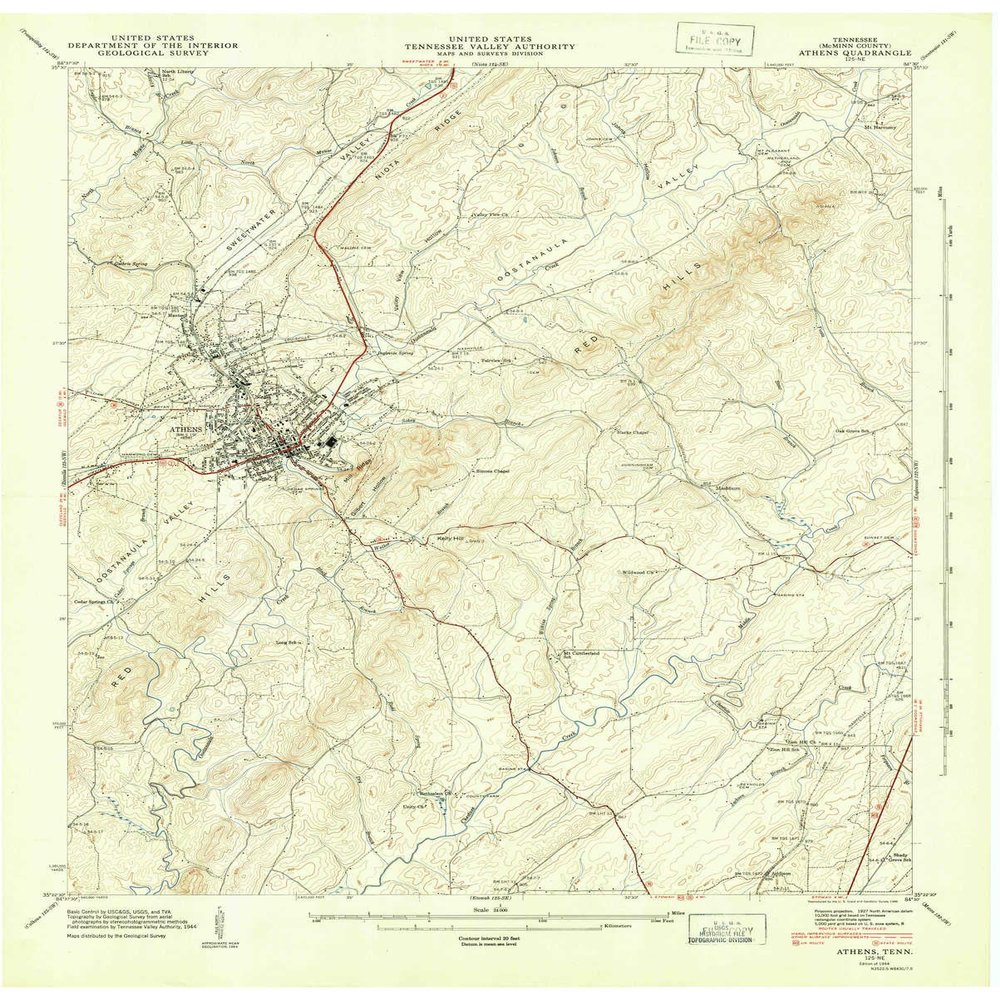 YellowMaps Athens TN topo map, 1:24000 Scale, 7.5 X 7.5 Minute, Historical, 1944, Updated 1946, 27.5 x 22 in - Tyvek